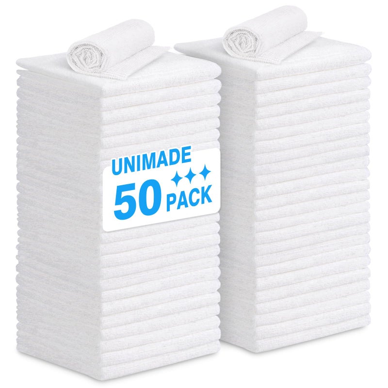 UNIMADE Shop Towel Rags 50 Pack Reusable Shop Rags Bulk Microfiber Cleaning Cloth Lint Free Cleaning Towels for Car Kitchen Automotive Bar Mechanic Restaurant Garage 115x 115 White